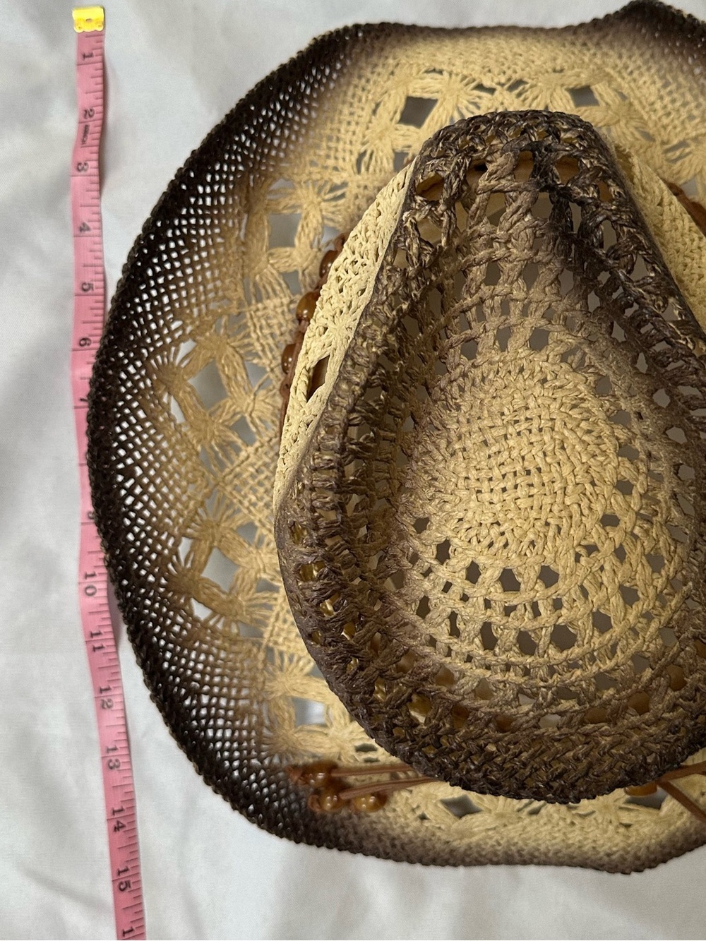 Woven Straw Western Cowboy Hat with Beaded Leather Band - Brown Ombre - Picture 5 of 12